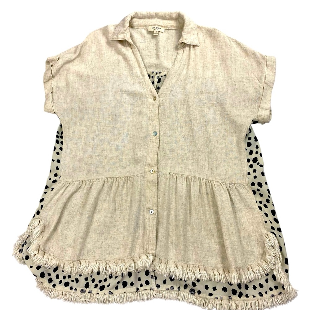UMGEE Beige Button-Up Fringe Blouse Linen Blend Size Medium Animal Print